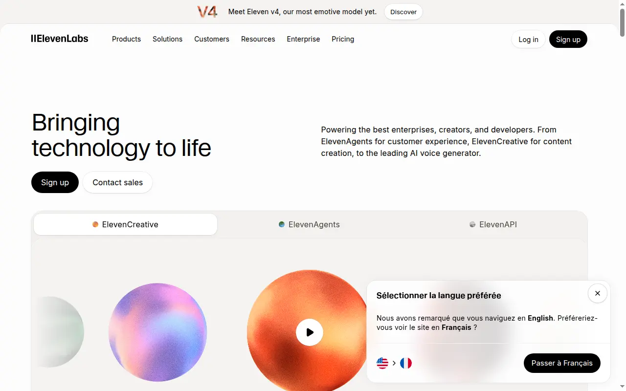 Page publique d'ElevenLabs