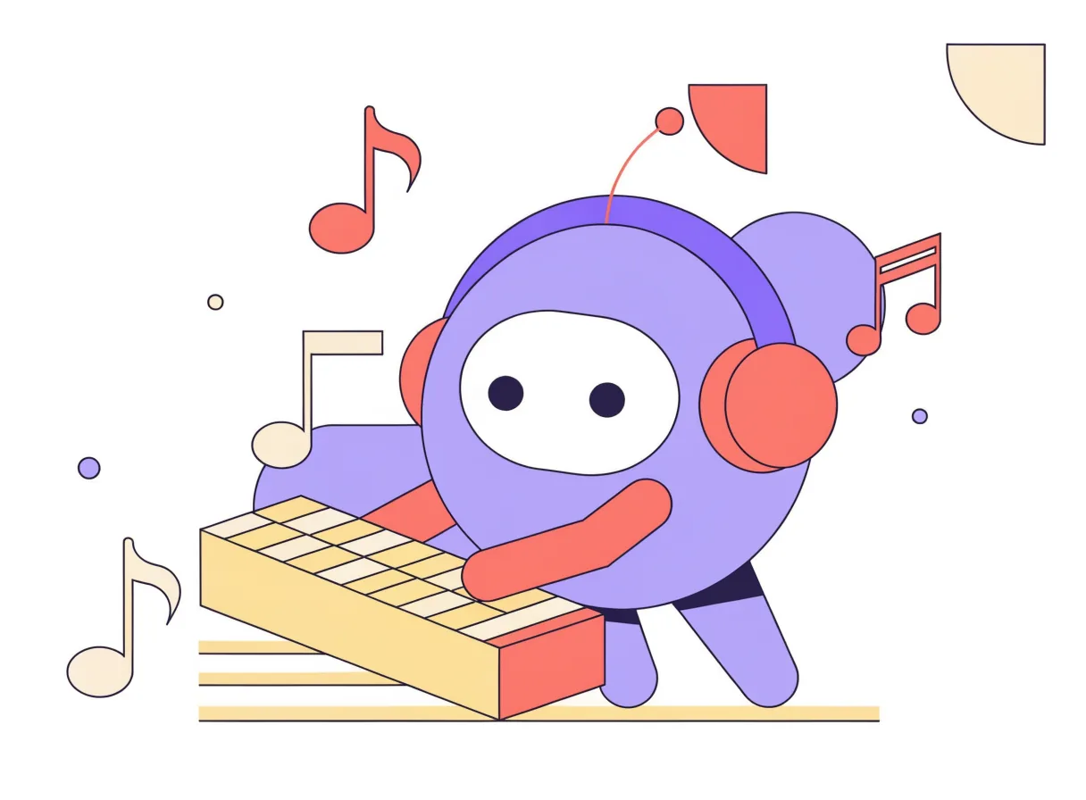 Amigo joue du clavier avec un casque, des notes de musique flottent