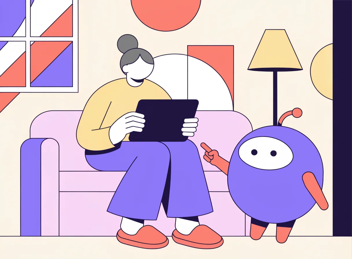 Amigo montre une tablette à une personne âgée sur son canapé