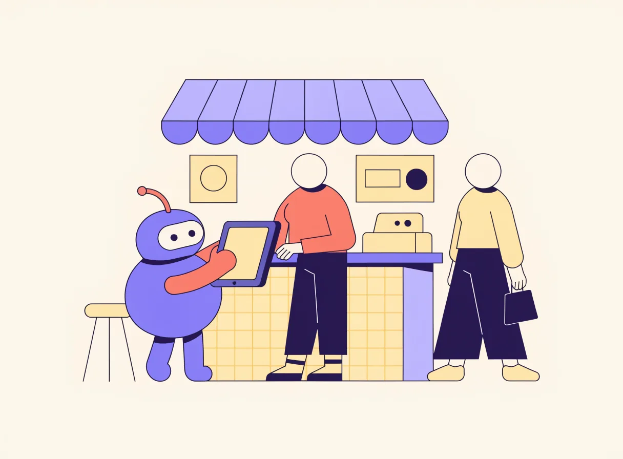 Amigo aide une commerçante derrière son comptoir